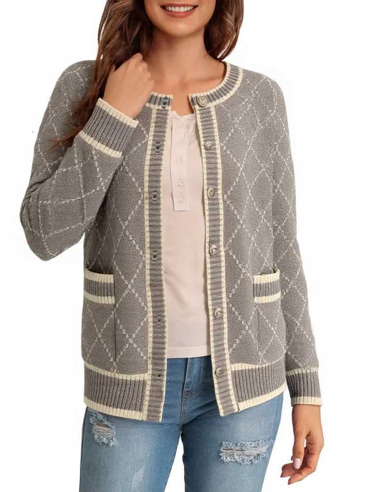 Autumn and Winter New Diamond Womens Longsleeved Crew Neck Sweater Elegant Cardigan Singlebreasted Knitwear Casual TopT251101