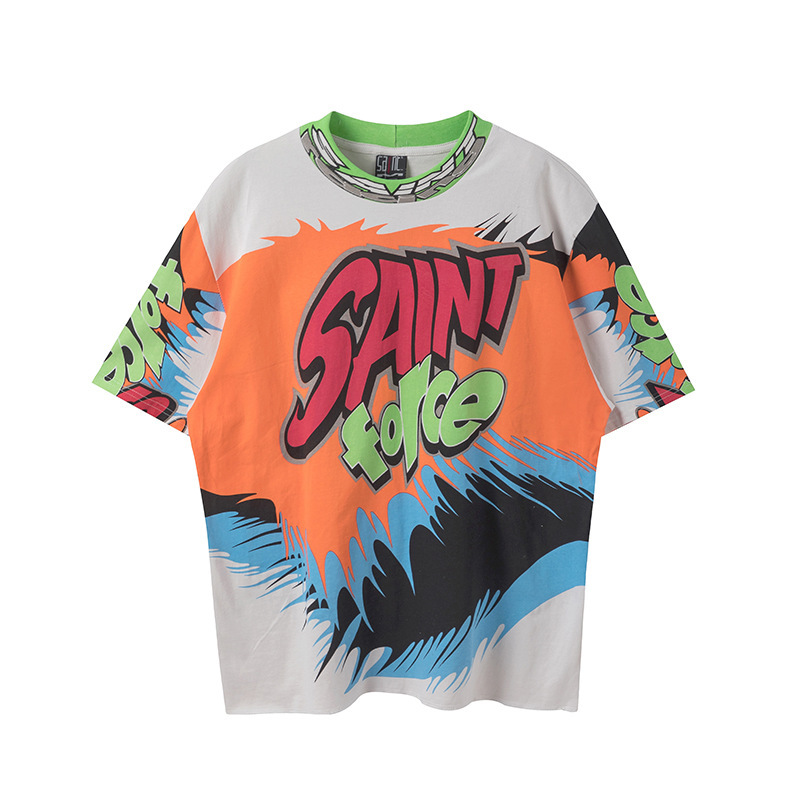 Vintage Hipster High Street Racing Style Graffiti Wash To Make Old Alphabet American Heavy Casual Loose Short Sleeve T-shirt