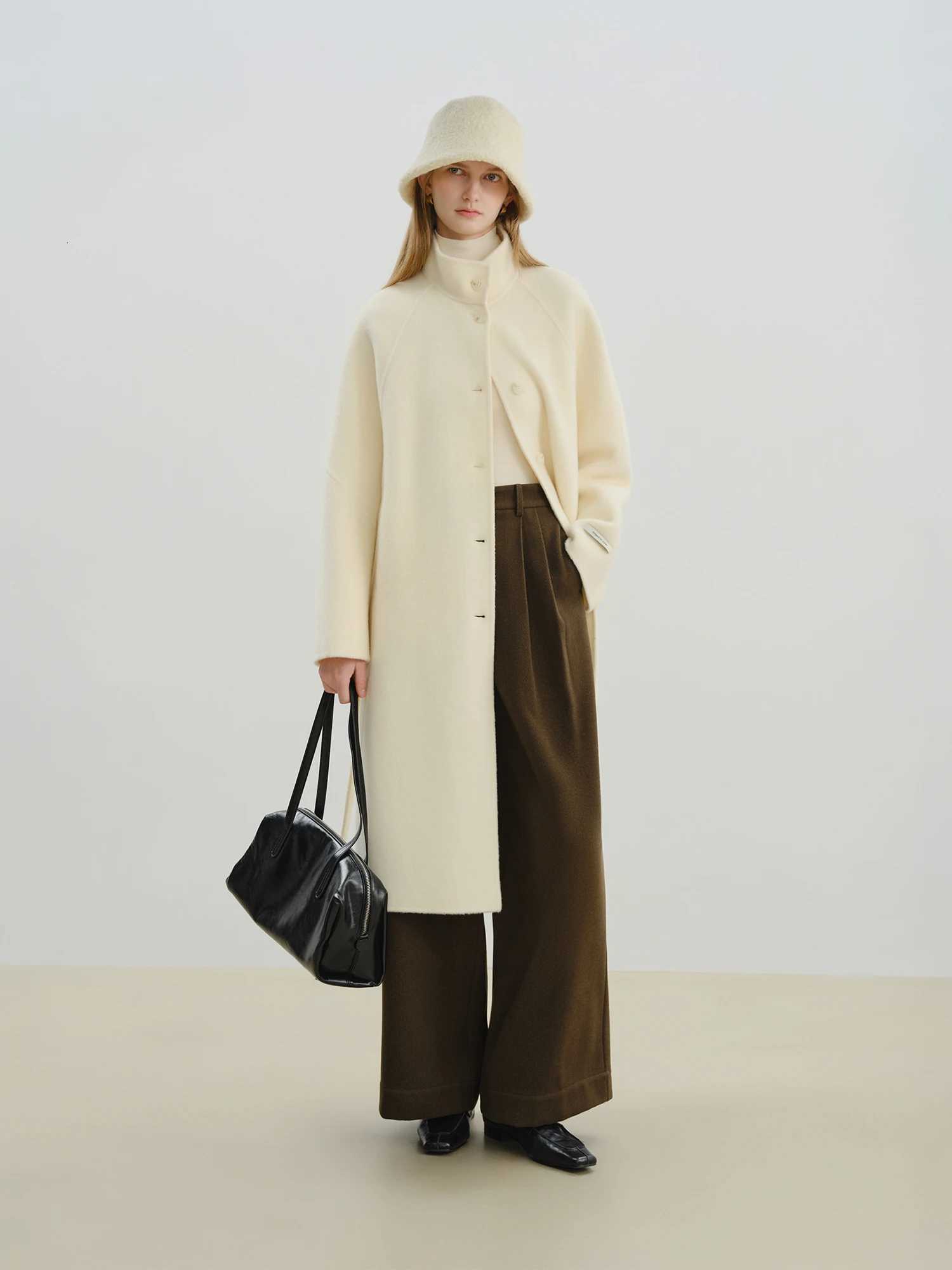 ZIQIAO White Yak Wool Coat Women 2025 Winter New Woolen Coat Sashes Solid Simple Clean Fit Ins Temperament Commuting CasualT251101