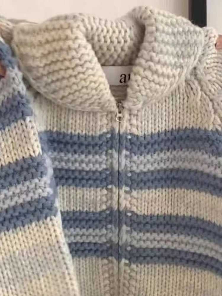 Autumn Vintage Korean Fashion Knit Soft Sweater Coat Women Loose Fit Long Sleeve Stripes Wool Cardigan Casual Retro Elegant TopsT251101