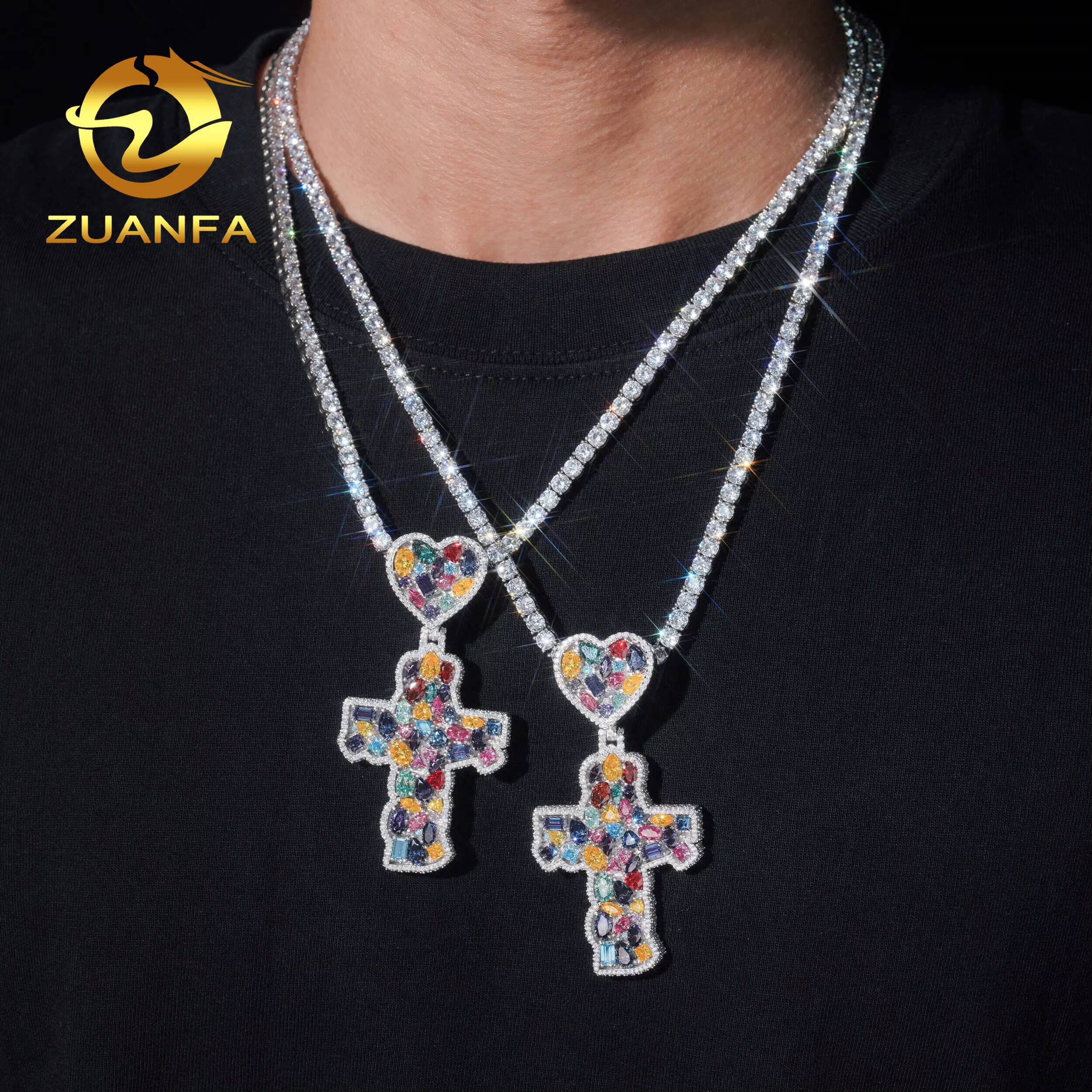 Solid 925 Silver Multicolor Moissanite Diamond Cross Pendant With Heart Bail Hip Hop Pendant Iced Out for Necklace Chain