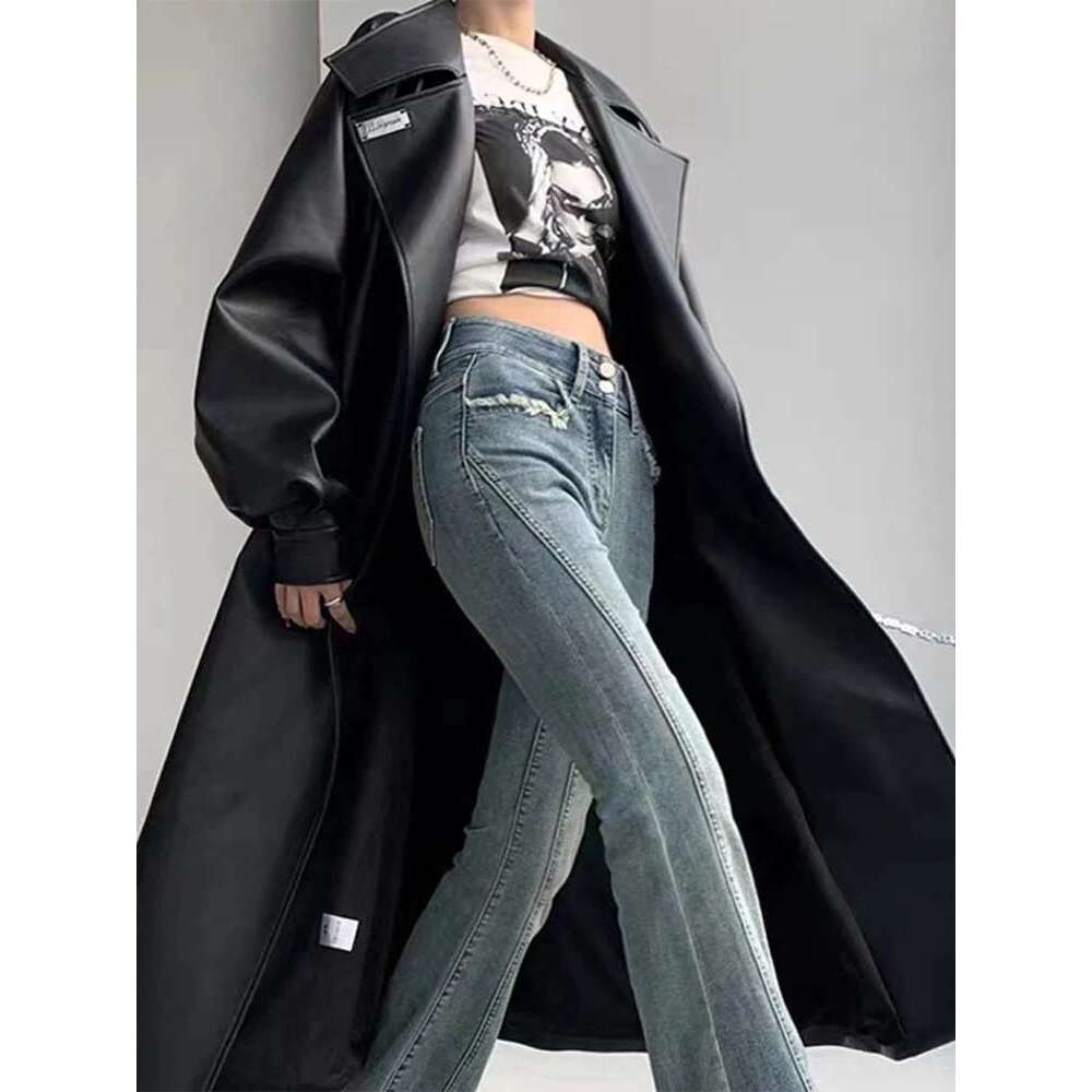 hoodie Women's Wear Oversized Leather Trench Coat For Women Long Sleeve Lapel Loose Lady Jacket With Belt 2024 Autumn New Vintage Streetwear jack