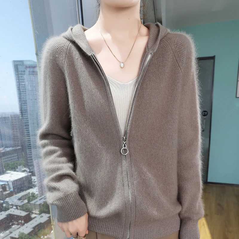 100 Pure Mink Cashmere Zipper Cardigan Womens Hooded Neck Knit Coat Hoodie Casual Loose Jacket Winter Long Sleeve Thicken TopsT251101
