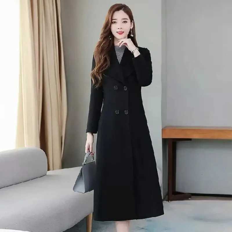 British Style Women Woolen Coat Elagant Suit Collar Double Breasted Waist Tight Long Woolen Cardigan MidCalf Length CardiganT251101