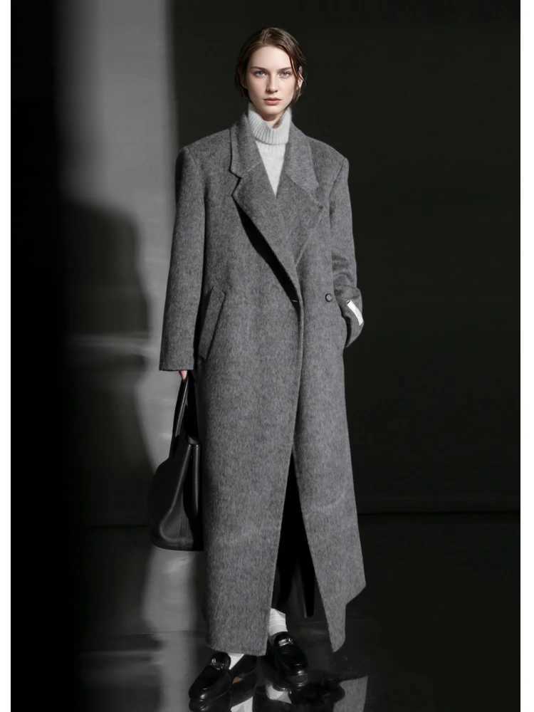 Office Lady OneButton Camel Hair Woolen Long Jackets 2025 Autumn And Winter Suit Collar Simple Loose XLong Womens Wool CoatsT251101