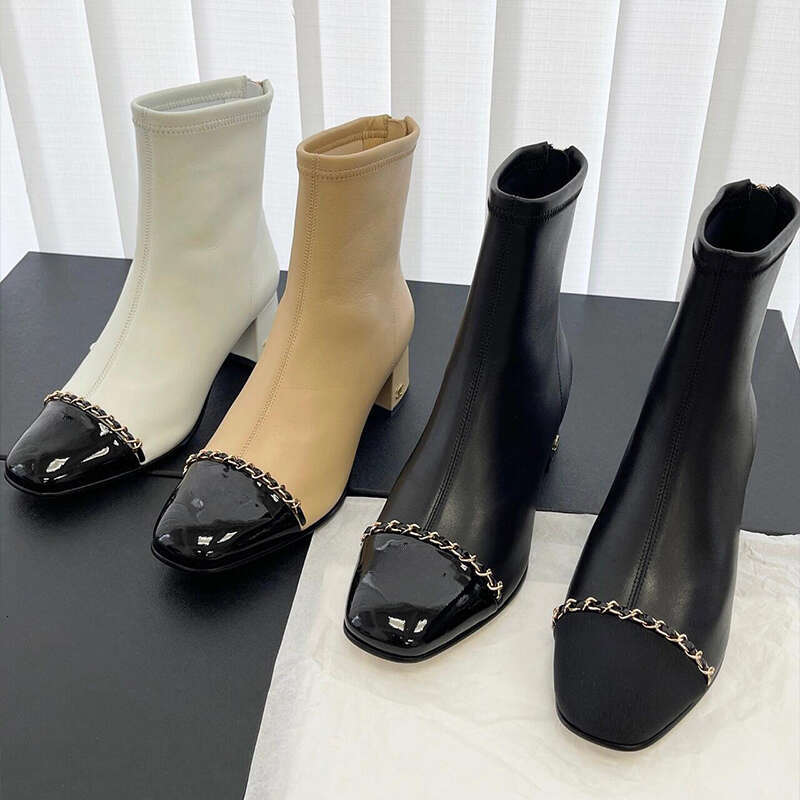luxury Ankle Boots designer shoe Woman Cap Toe Pearl Chain Strap Two Tone Sheepskin Leather Chunky Heels Side Zipper Comfortable fashion boots half Mid-Calf booties