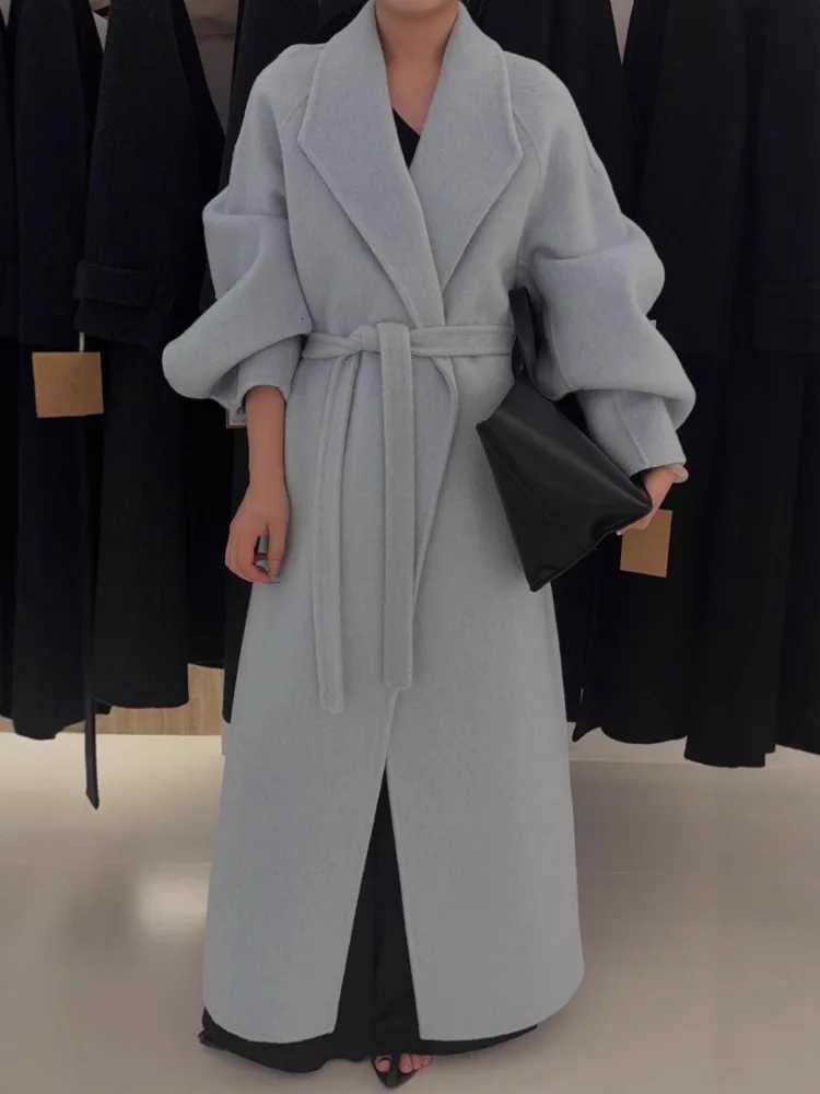 ZMEENNA Long Wool Blend Coat For Women With Oversized Lapels And Tie Belt Stylish And Elegant Winter Outerwear ZM4032T251101