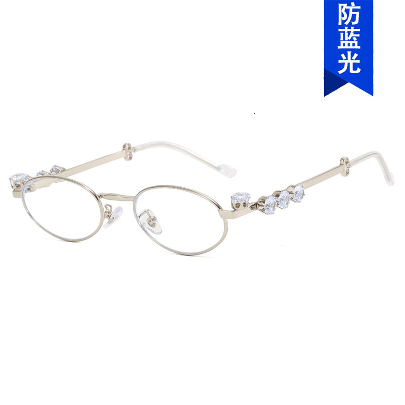Diamond Inlaid Oval Metal Pearl Small Frame Eyeglass Frame, High-End Natural Color, Can Be Matched With Degree Myopia Flat Lenses