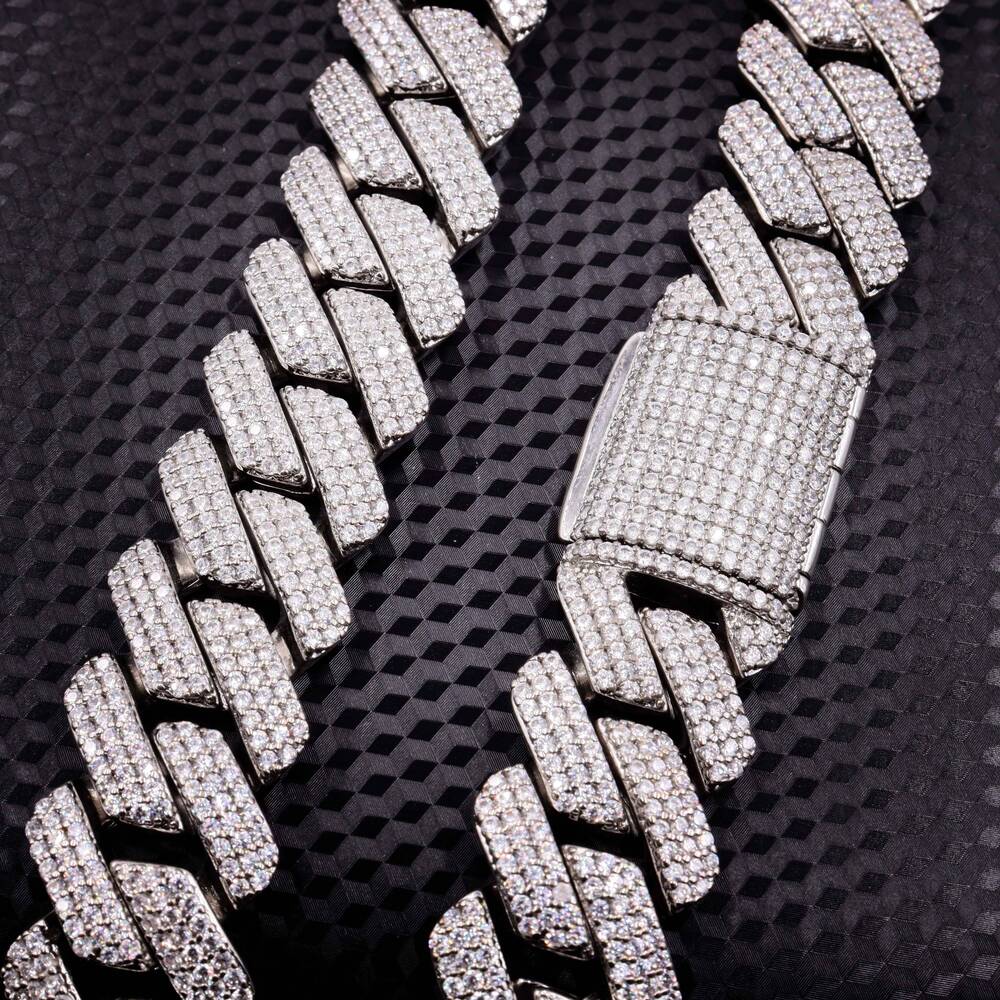 Threerow Stone Cuban Chain Moissanite Ice Crystal Hiphop Silver Necklace Cuban Chain High Jewelry Mens 16mm 18mm 20mm