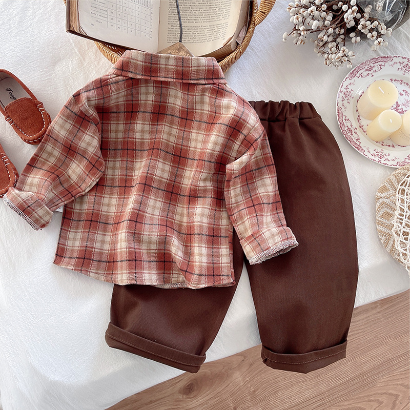 kids designer clothes 2025 Boys Shirt Set Long Sleeve Checkered Plaid Shirt with Contrast Pocket Trendy Autumn Kids Outfit