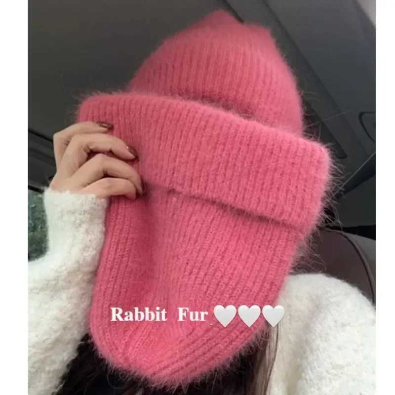 Angora Rabbit Fur Knitted Hat Women Soft Warm Fluffy Winter Hat Korea Ins Fashion Beanies Female Bonnet Warm Knit Skullies CapXJ251101