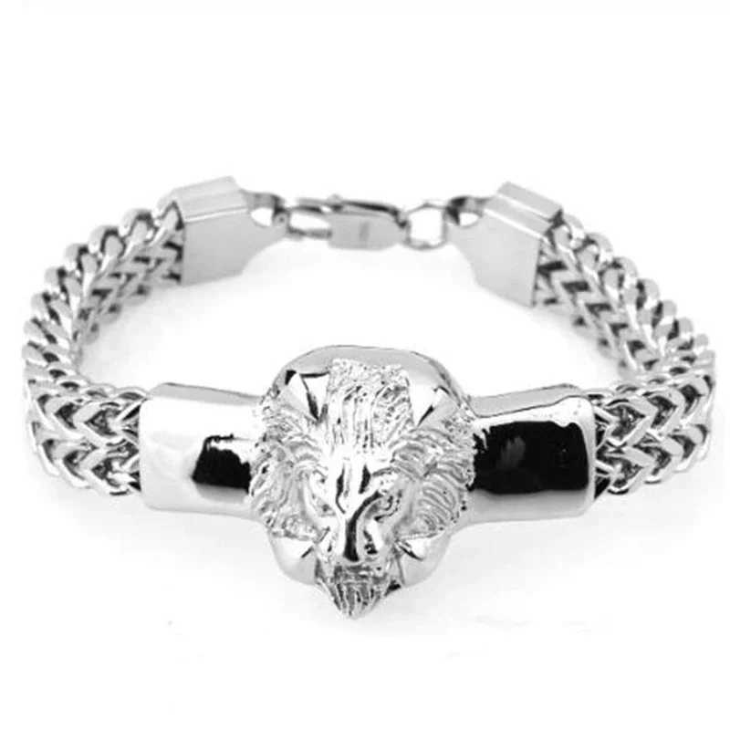 Domineering Lion Head Animal Bracelet Mens Stainless Steel Braided Chain Bracelet Hip Hop Jewelry Y250329