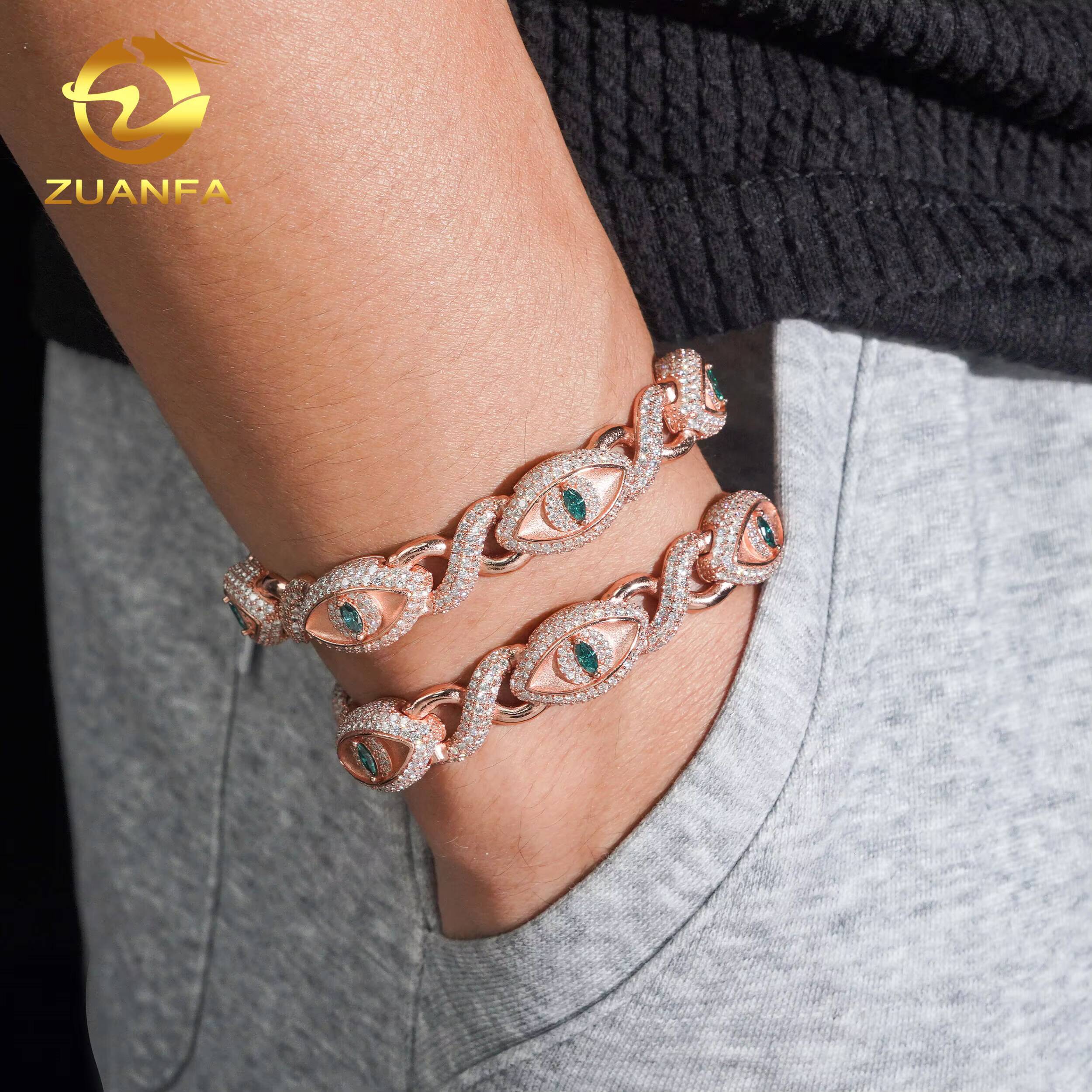 Hip Hop Jewelry 12mm Eyes Shape VVS Moissanite Cuban Link Bracelet 925 Silver Moissanite Iced Out Bracelet for Men
