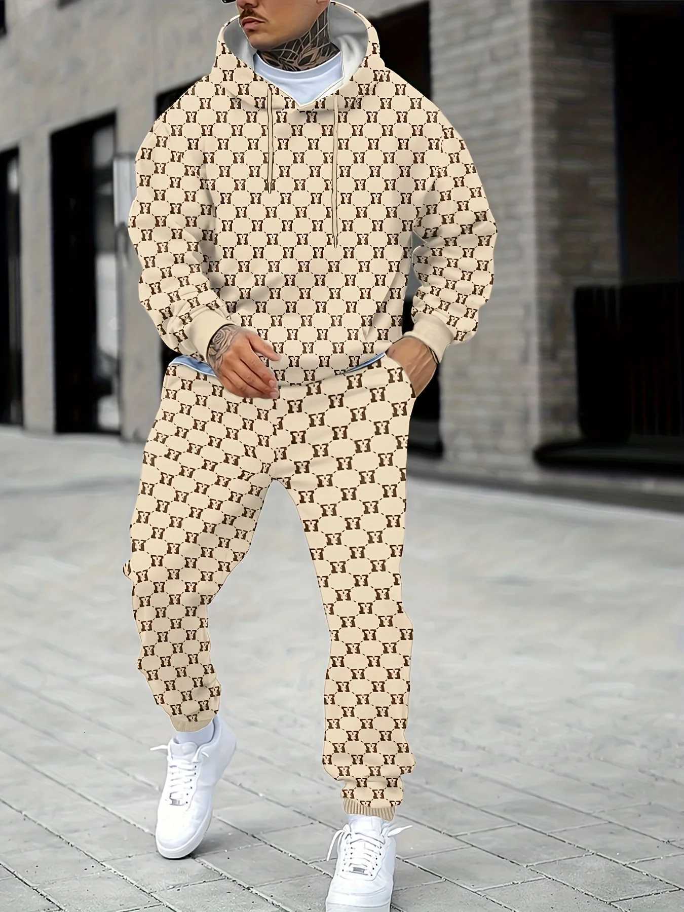 2526 New Spring and Autumn Hoodie Pants Set 3D Printed Fashion Street Letter Elements Mens and Womens Casual Hoodie SetT251101