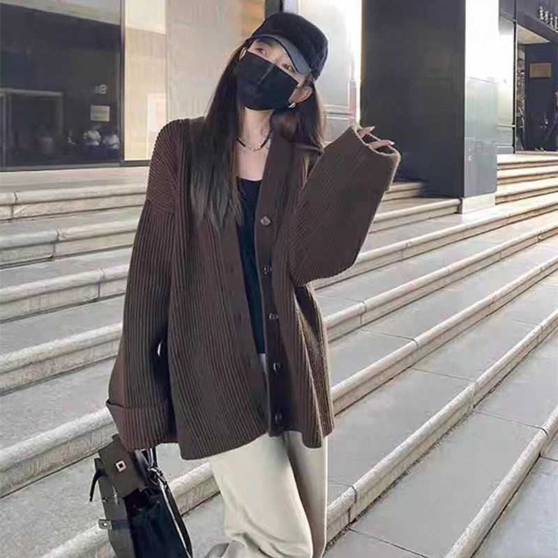 2025 Autumn Retro Vneck Sweater Jacket for Women Casual Solid Color Loose Button Knitted Cardigan Korean Style Womens ClothingT251101