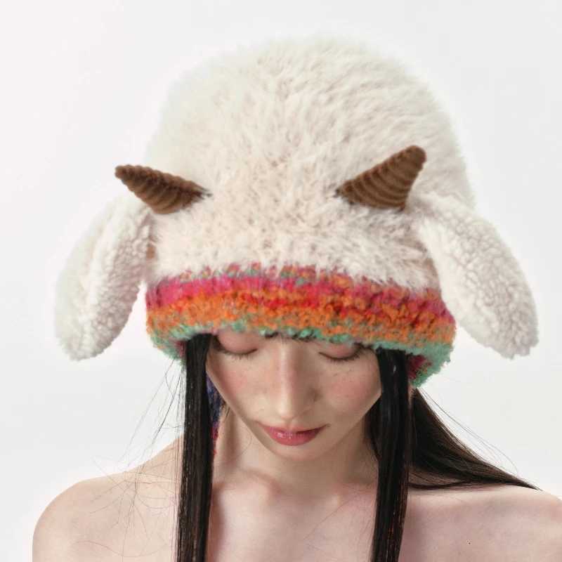 Adorable Lamb Plush Hat with Squeaky Ears Korean Soft Warm Winter Cap for Sweet Women Christmas Birthday Gifts Fur Yarn BeanieXJ251101