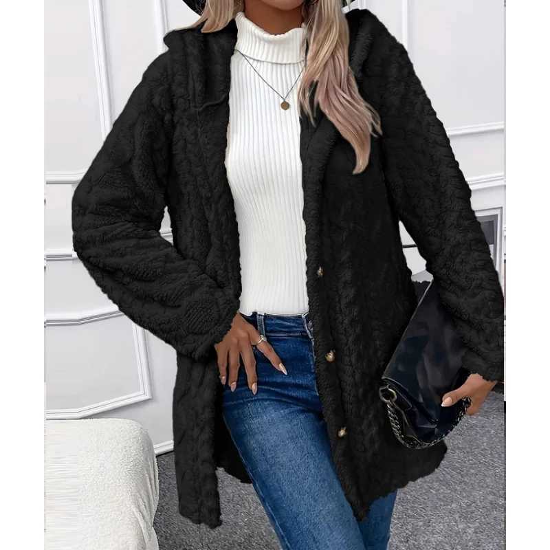 Autumnwinter Cardigan Plush Jacket Single Breasted Hooded Sweater Jacket Elegant Solid Medium Long Sweater Jacket for WomenT251101