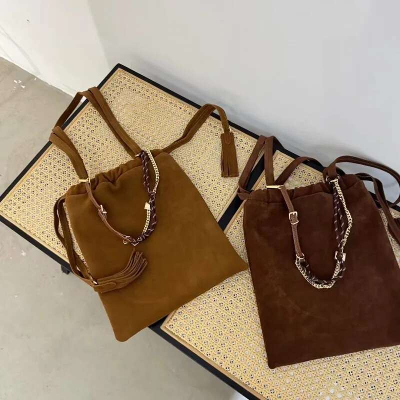 Women's Bags Vintage Drawstring Women Single Shoulder Suede Casual Bag Autumn Large Capacity Design Chain Haruku Ladies Tote Hag