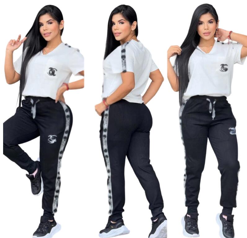 Designer Womens Tracksuit new Luxury V-neck T-shirt Fashion Sportswear 2pcs Outfits Print Tshirt Jogger Pants