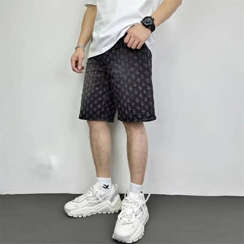 OLOEY Mens Shorts Cowboy Summer Workwear Pants Loose Straight Leg Mid Length Elastic Waist American High Street Trendy