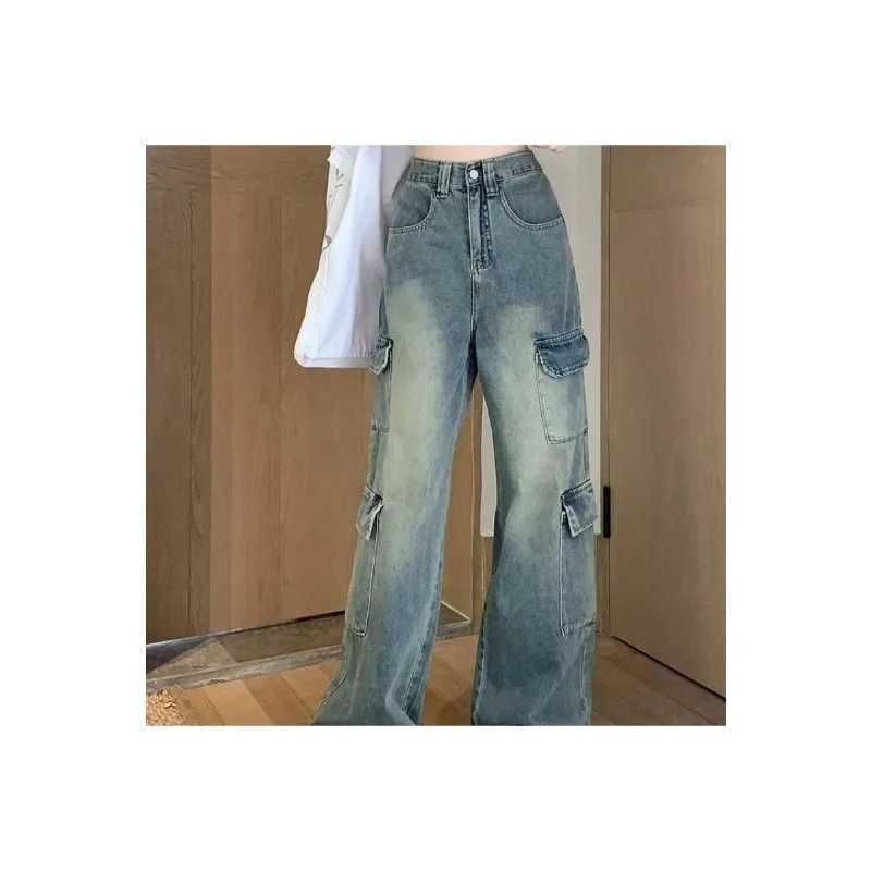 Womens Straight Jeans Leisure Comfortable Skinfriendly Vintage Chic Slim Fit pocket Front High Waist American Casual Wide Leg J251031
