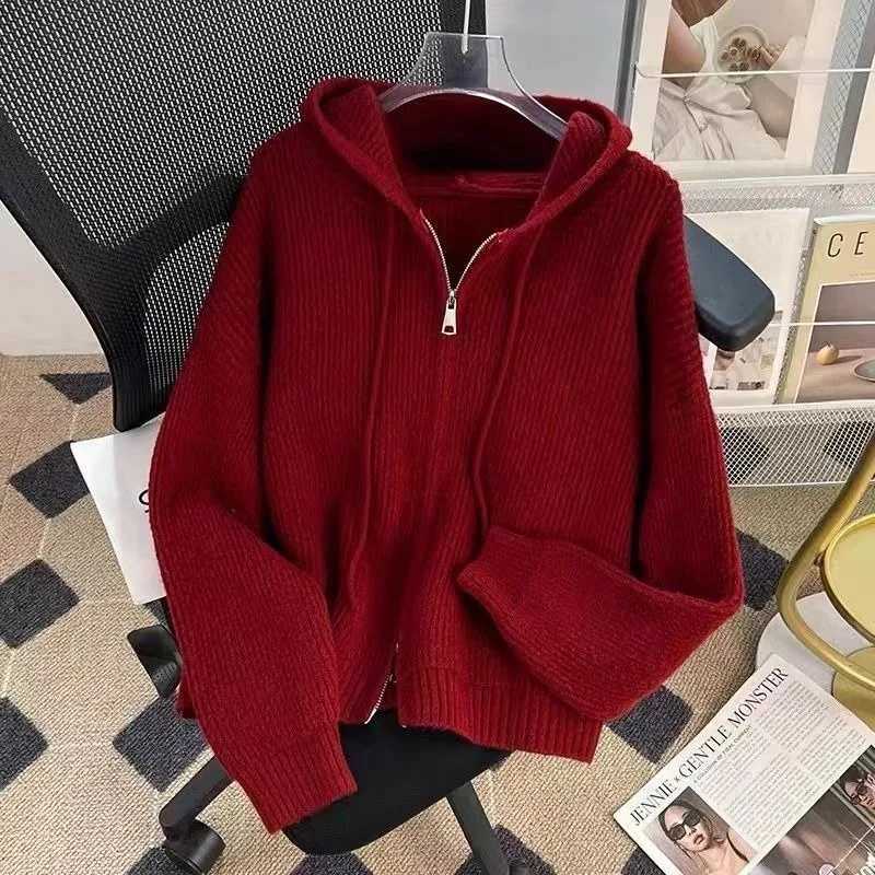 Loose and lazy zipper age reducing outer sweater womens cardigan early spring new Korean version hooded knitted sweater jacketT251101