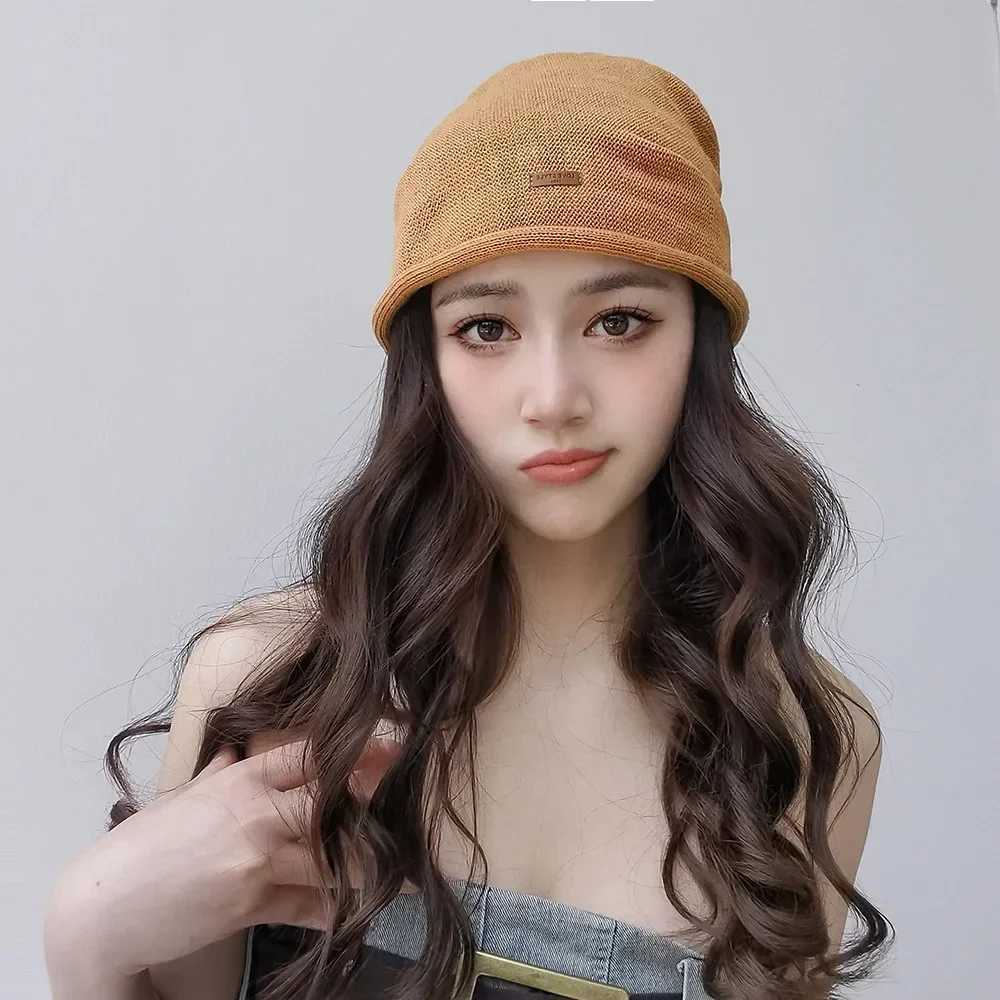 Spring Autumn Women Trendy Breathable Knitted Linen Beanie Hat Leather Patch Solid Stylish Skull Cap NewXJ251101