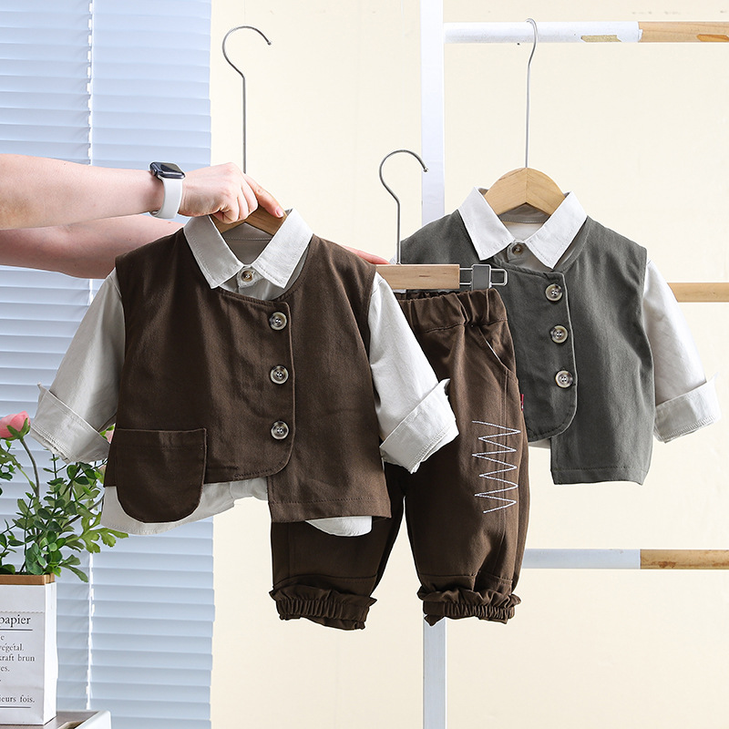 kids tracksuit 2025 Boys 3-Piece Set Utility Vest Outfit with Shirt & Pants Single Pocket Trendy Toddler Clothes for Fall