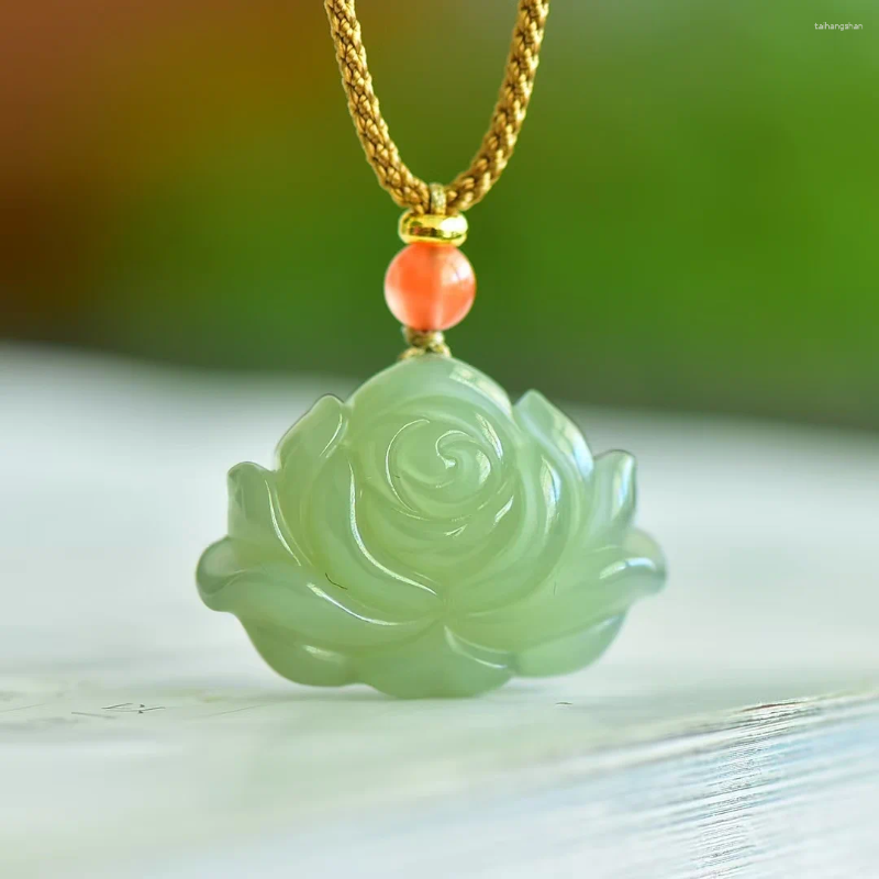 Pendant Necklaces Flowers Bloom And Wealth Hetian Jade Qinghai Material Sunny Water Colo Jewelry For Women's Birthday Gift