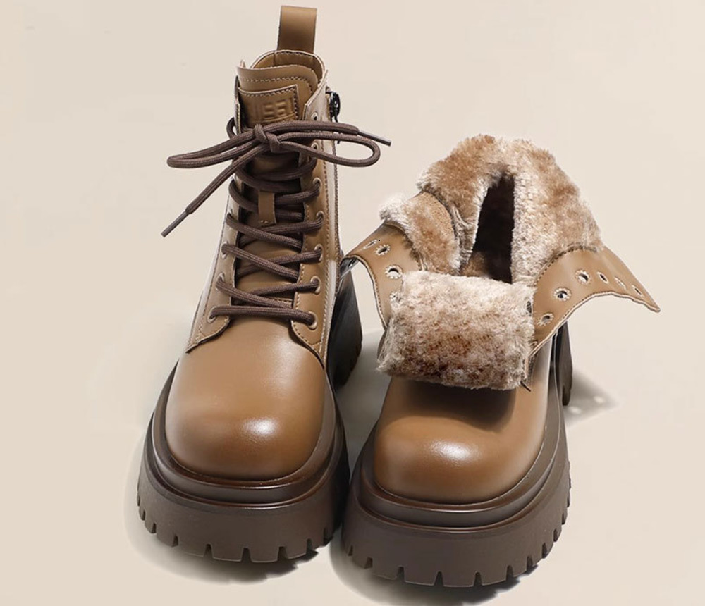 FleeceLined Thickened Snow Boots for Women Warm Large Cotton Shoes Autumn and Winter ThickSoled HeightIncreasing Genuine Leather Martin Short Boots 24