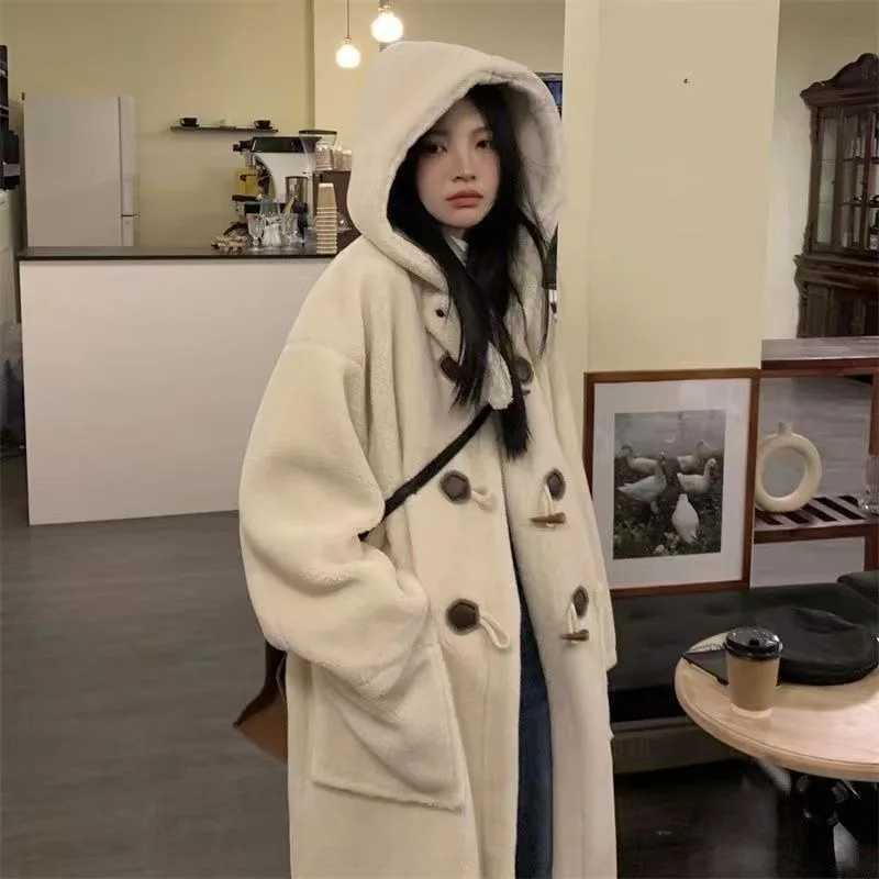 Midlength Wool Coat Women Autumn and Winter Double Breasted Solid Color Long Sleeve Preppy Style Office Lady Hooded Coat FemaleT251101