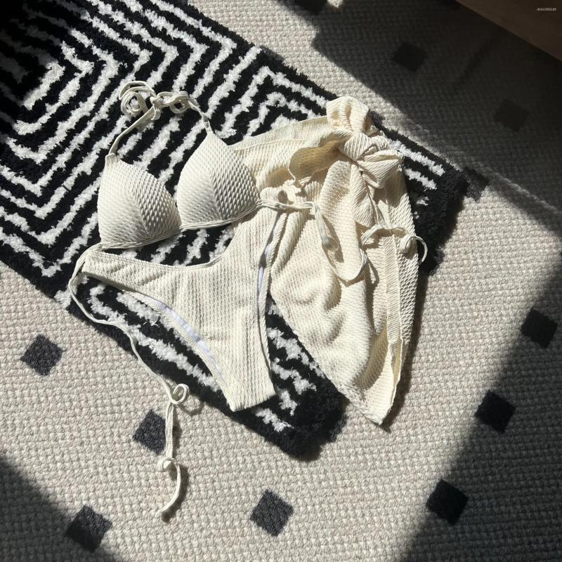 Women's Swimwear Women Solid Push Up Halter Bikini Sets Three Pieces With Cover Skirt Swimsuit Bathing Suit Beach Outfits Biquini Tankini