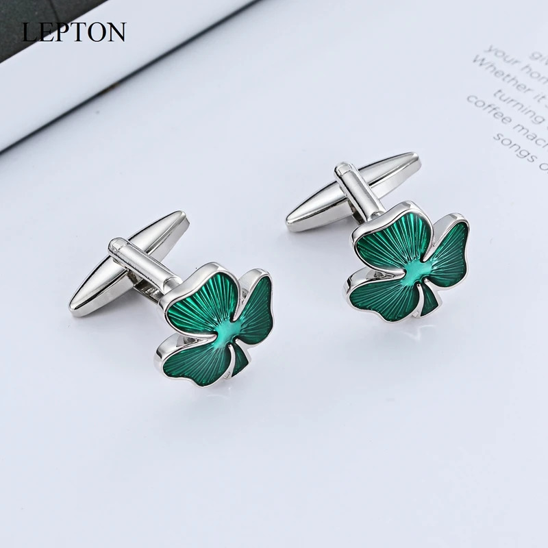 LEPTON Green Clover Cufflinks For Wedding Mens Fashion Irish Ireland Shamrock Cuff Links Dress Shirt Cufflink Business Gifts 250327