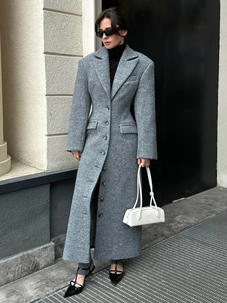 Fashion Waist Cinching Woolen Long Coats For Women Lapel Long Sleeve Singlebreasted Shoulder Pad Coat Lady Outwear 251031