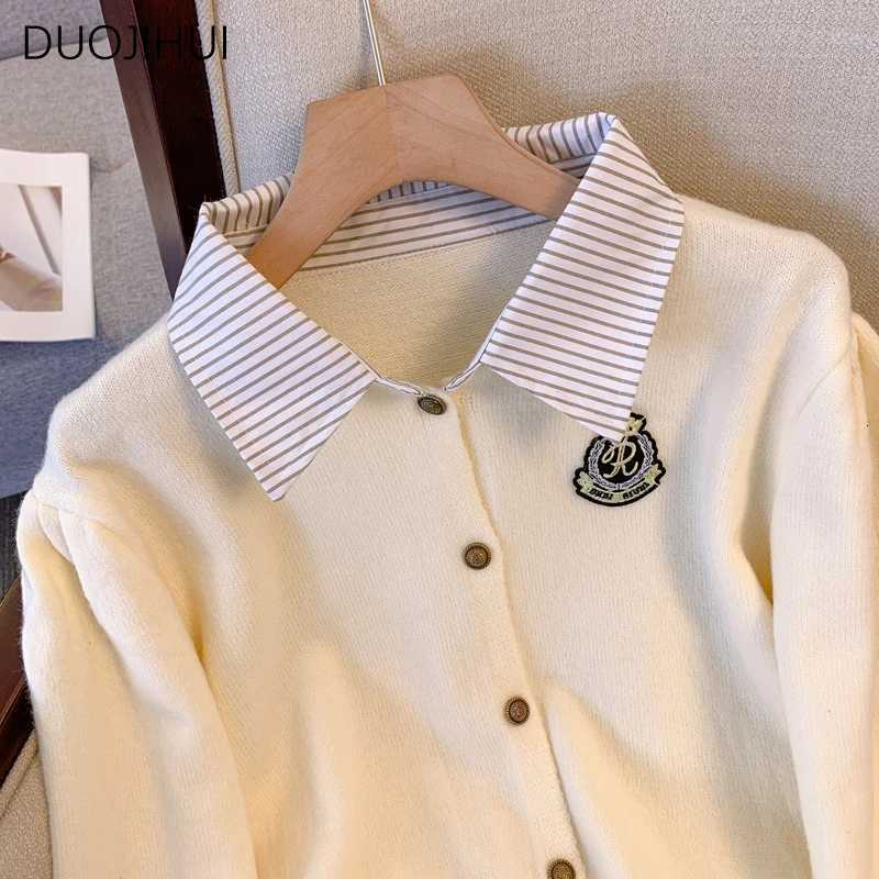 DUOJIHUI Polo Neck Fake Two Piece Sweater Women Cardigan Basic Simple Casual Spell Color Fashion Single Breasted Female CardiganT251101