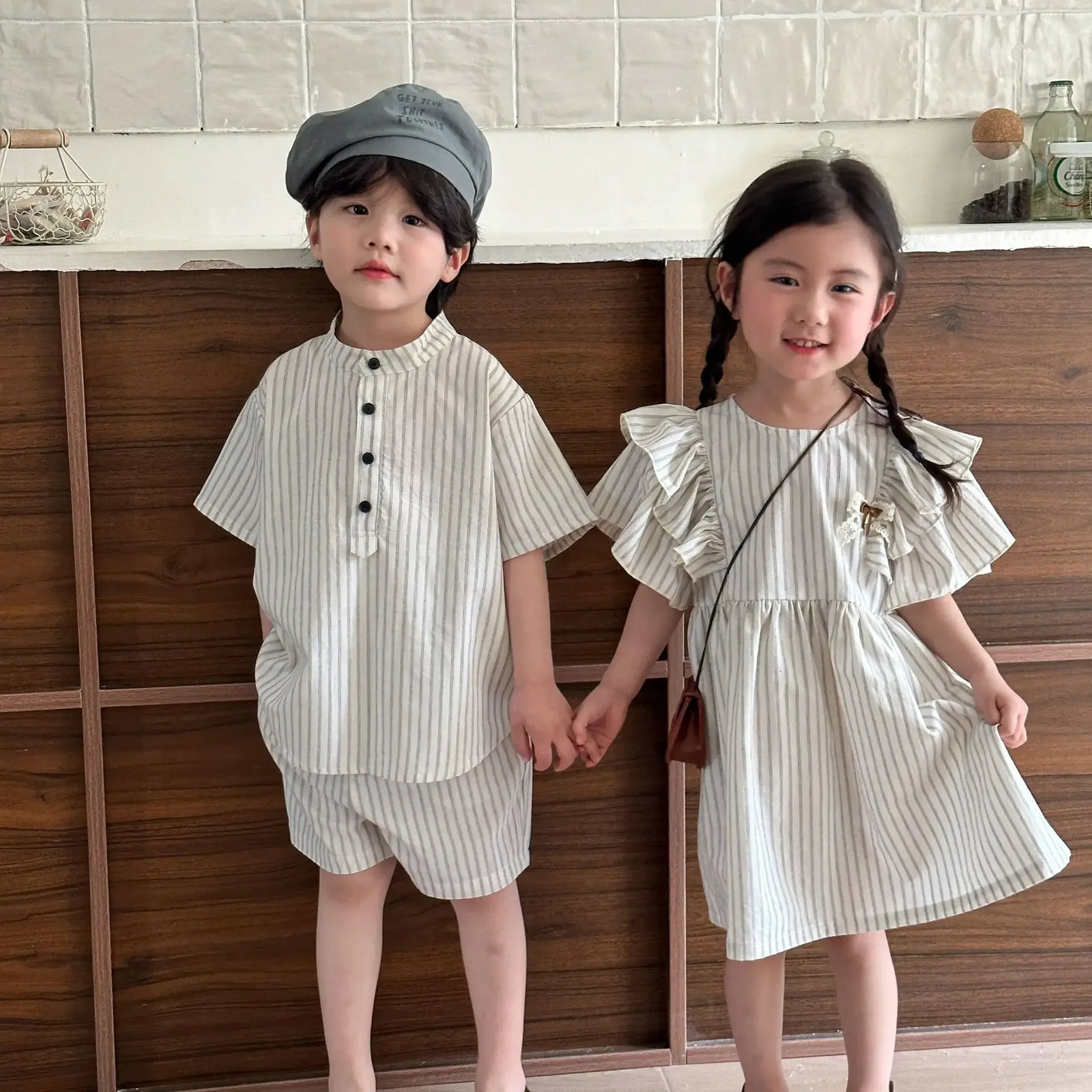 Childrens Matching Set Baby Boys 2Piece Girls Pleated Dress Stripe Printed Clothing sisters Brother Cotton 250325 S2548