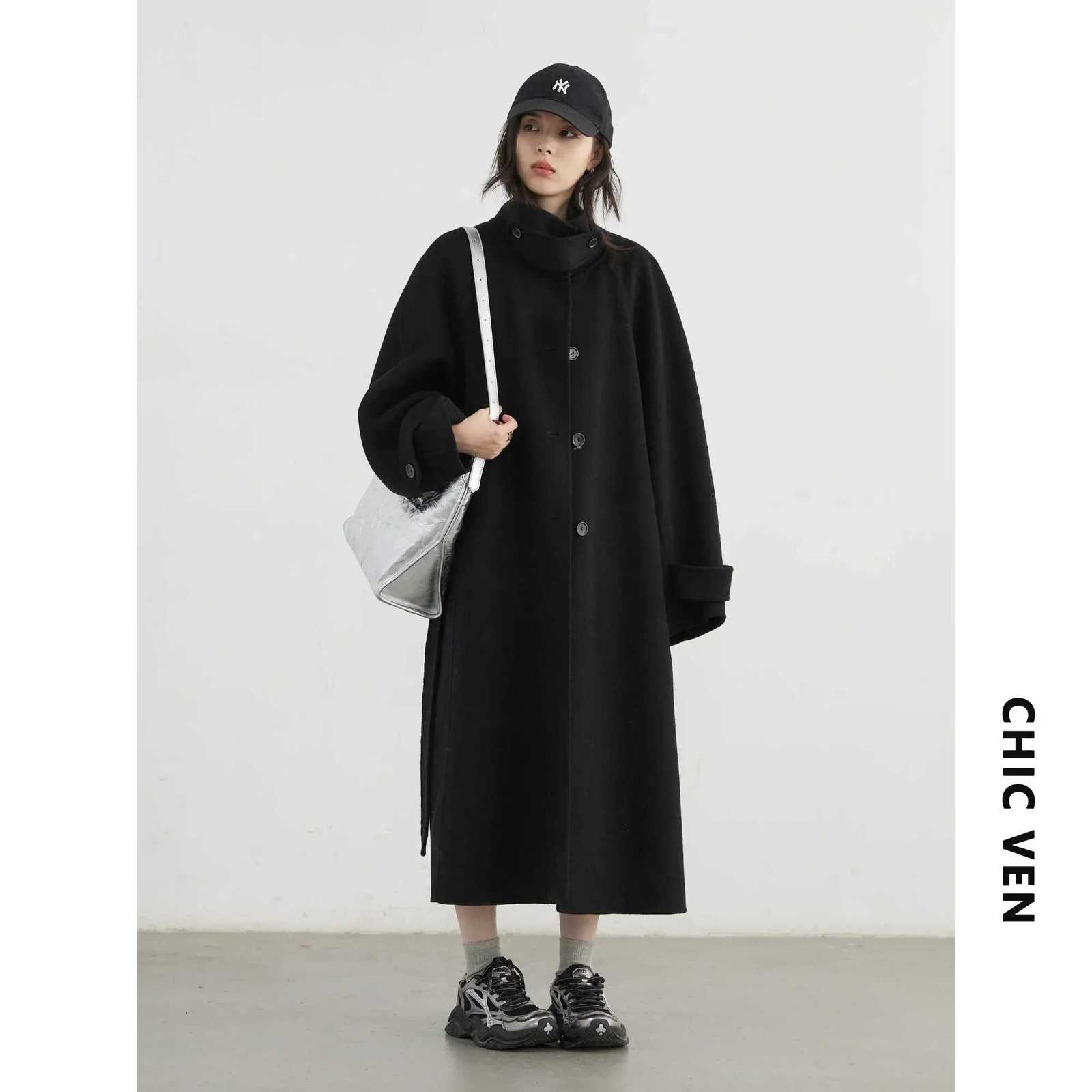 CHIC VEN Korean Women Woolen Coat Single Breasted Loose Stand Collar Belt Long Doublesided Ladies Overcoat Autumn Winter 2024T251101