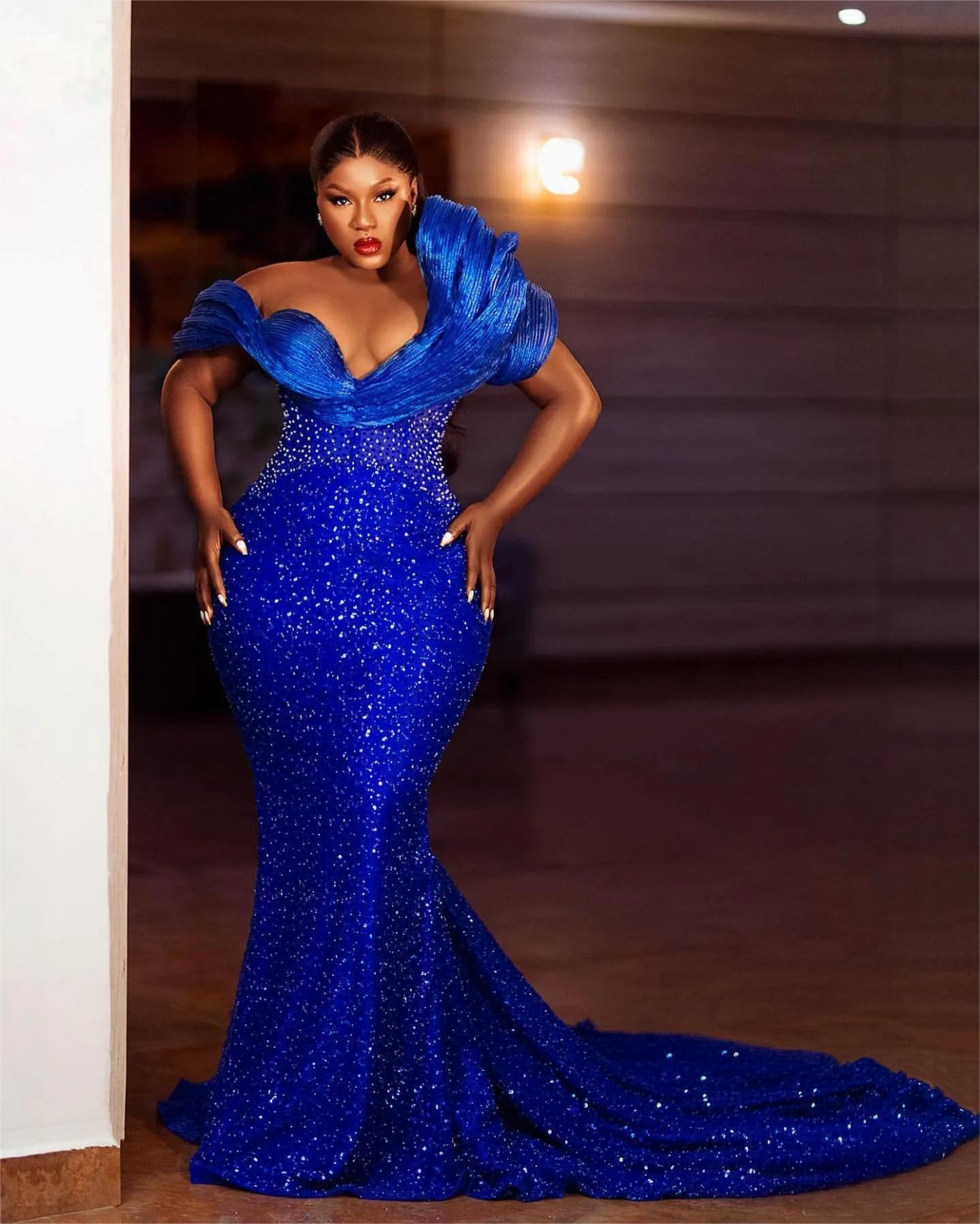 Royal Blue Mermaid Prom Dress Sheer Neck Beaded Evening Formal Party Second Reception 50th Birthday Engagement Gowns Dresses Robe De Soiree