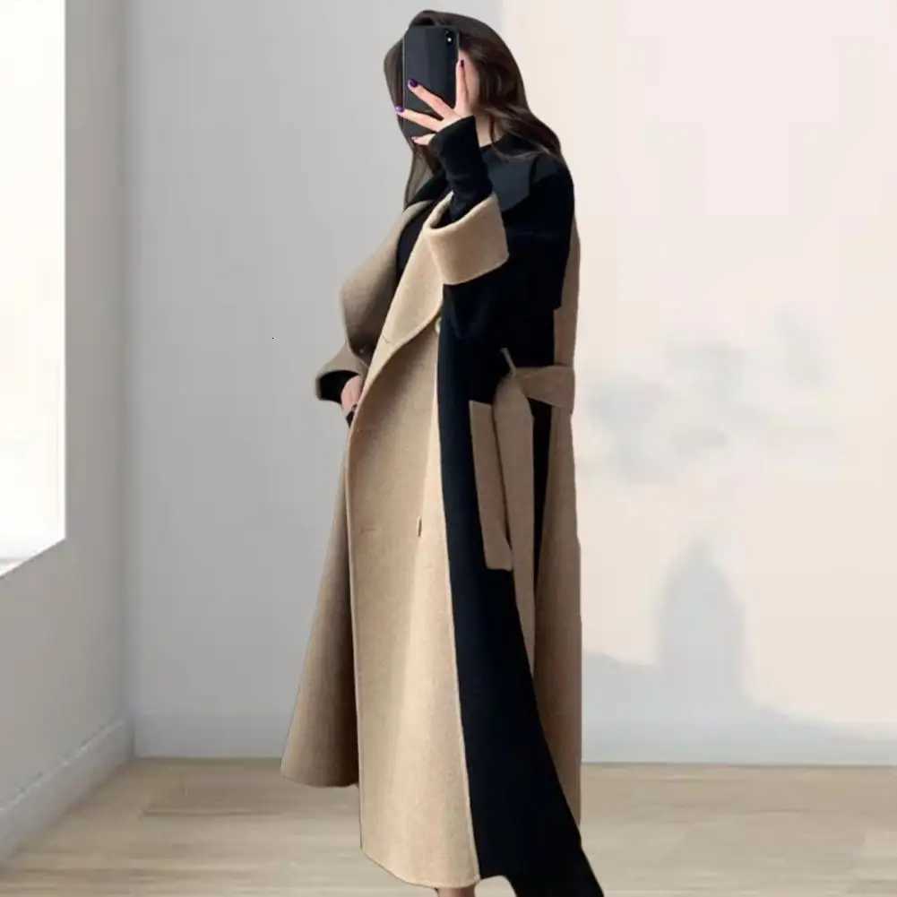 Doublebreasted Woolen Coat With Belt Elegant 2024 Autumnwinter Slimming Mid Length Color Blocked Women Windbreaker Woolen CoatT251101