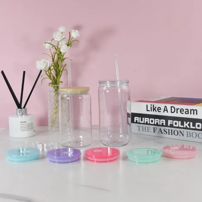 USA SHIP 16oz acrylic libbey can cups clear plastic drinking tumblers with colored PP lid straw cola food mason jars for vinly reusable cups 50pcs/cas