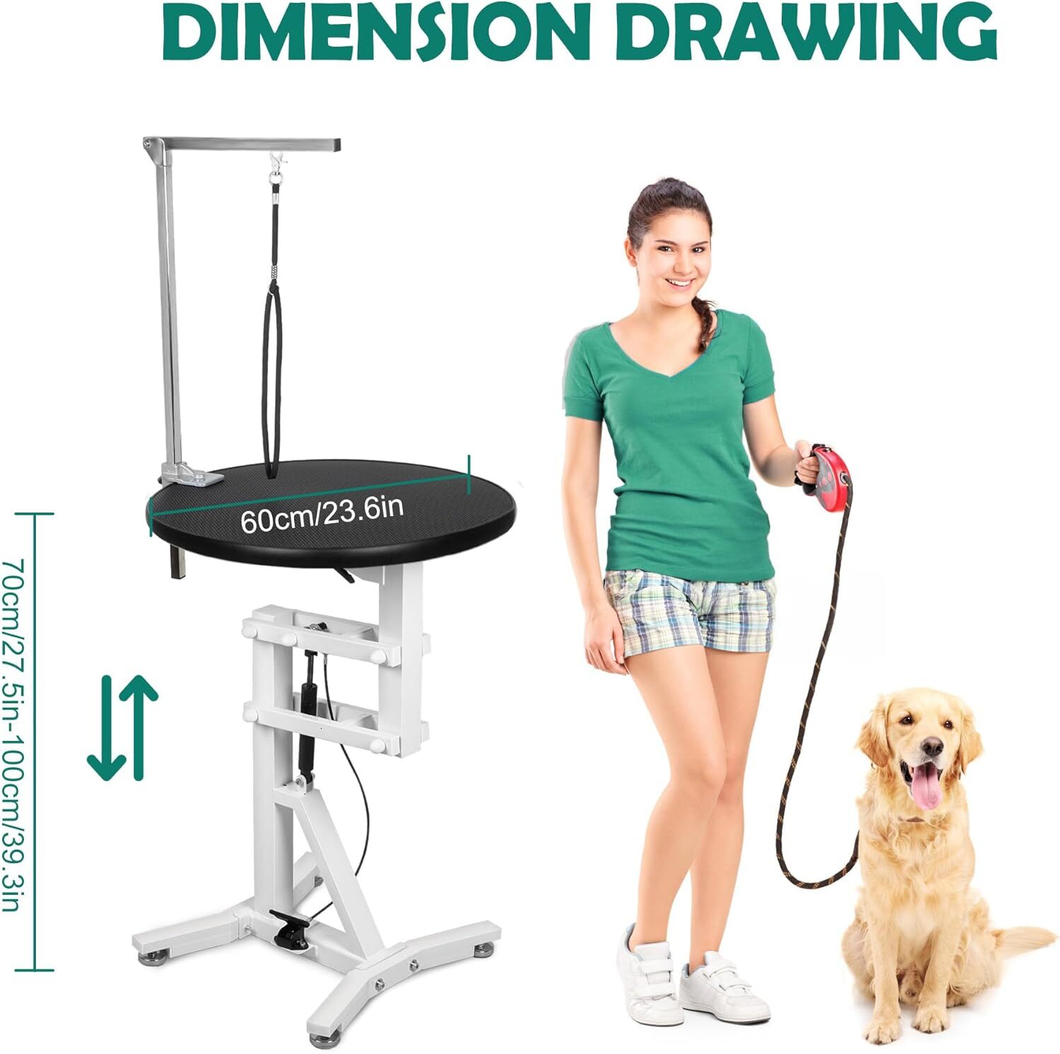 DiDiBirDi 23 inch (approximately 58.6 cm) pet grooming table, pneumatic lift dog trimming station, with anti slip rubber circular rotatable tabletop, 