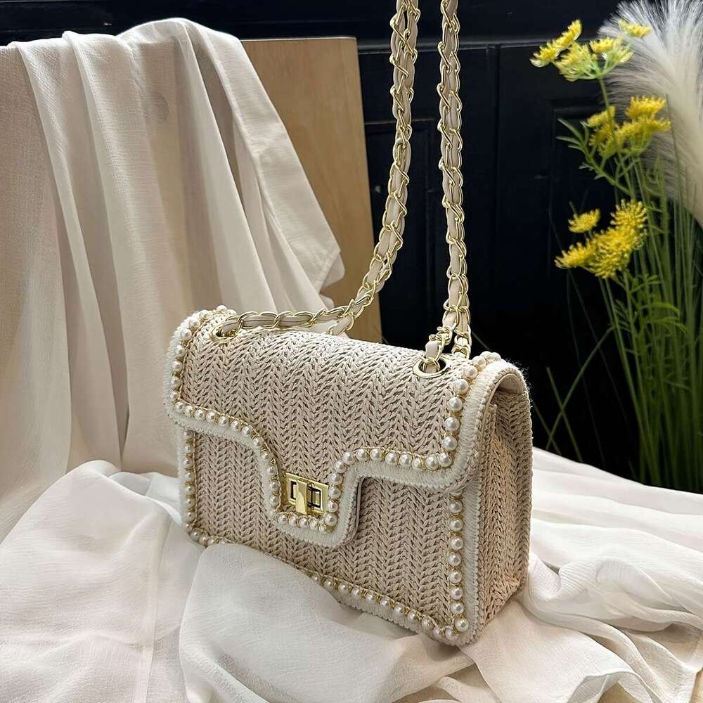 Women'S Chic Woven Straw Shoulder Bag with Pearl Accents, Fashionable Chain Crossbody Purse, Versatile Solid Color, Leather ed, Turn-lock Closure