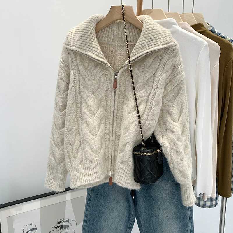 Autumn Winter New Lazy Style Loose Knitted Women Cardigan Retro Solid Double Zipper Turndown Collar Sweater Thicken Loose TopsT251101