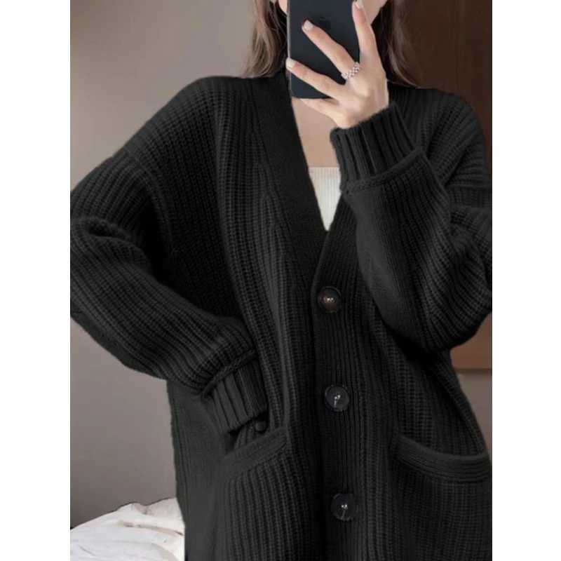 AutumnWinter Gentle Style Vneck Cardigan Loose Long Sleeve Women Sweater Casual Knitted Shirt Fashion Solid Coats with PocketsT251101