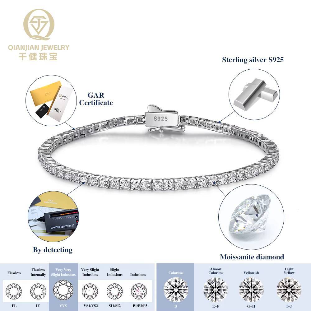 Wholesale Price Tennis Bracelet DEF VVS Moissanite Diamond Tennis Link Chain 3mm 4mm 5mm 925 Silver Tennis Chain Luxury Jewelry