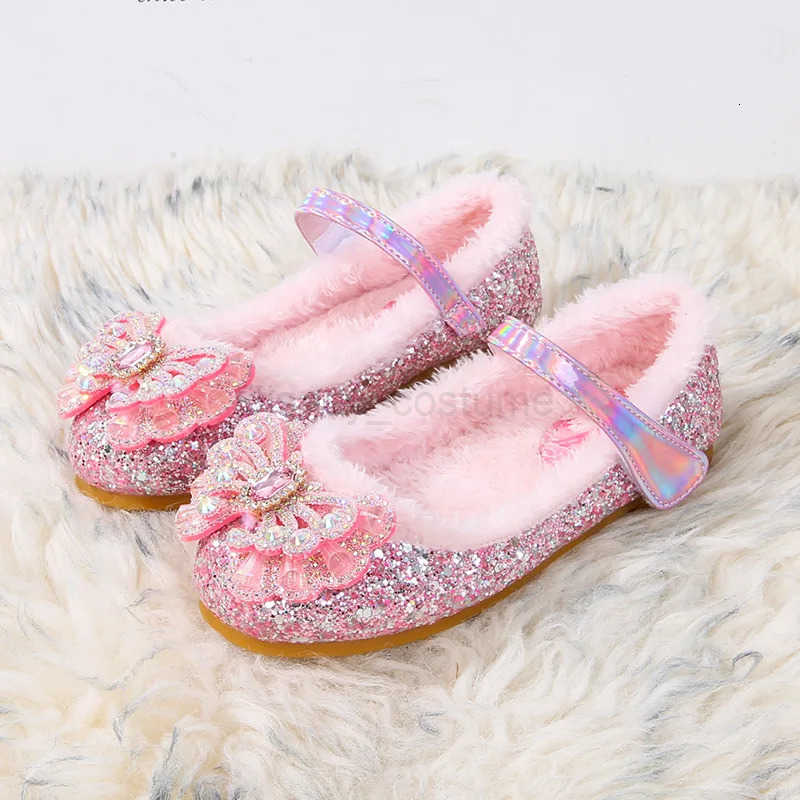 Disney Autumn Fashion Pearl Bow Rhinestone Frozen Elsa Princess Girl Shoes Flat Kids Princess Warm Winter Shoes Size 2336 H251101