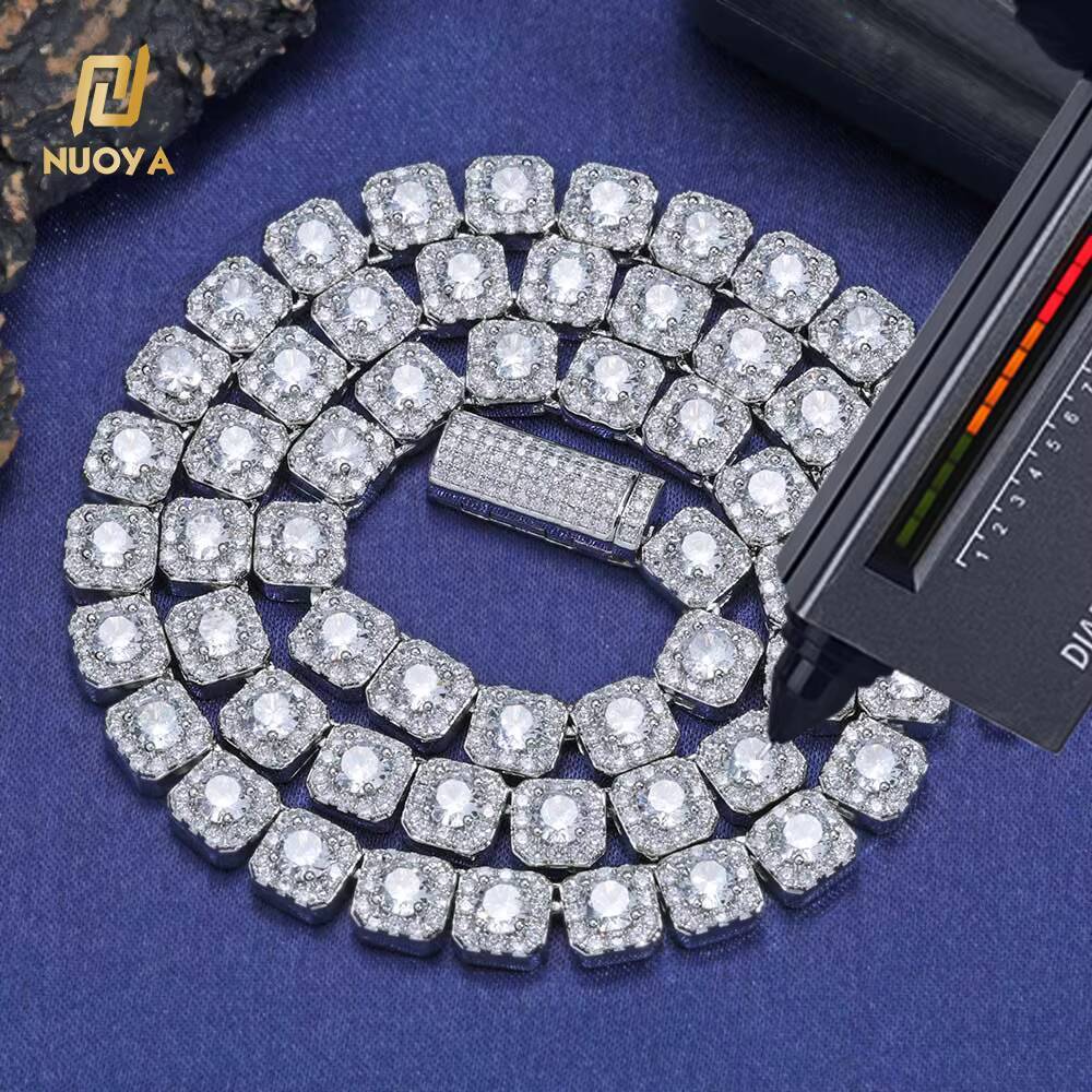 Nuoya 925 Sterling Silver Tennis Chain Luxury 7mm Custom VVS Moissanite Diamond Cluster Tennis Chain Necklace