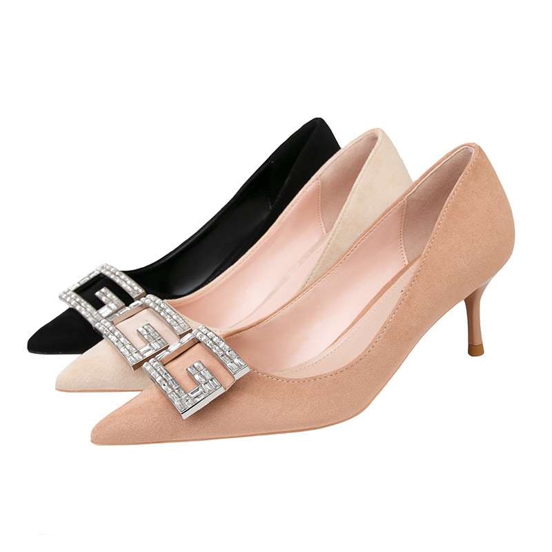 2025 Korean version fashion women's shoes pointed toe thin heel rhinestone G-buckle sexy and slimming high heels black single shoes for women