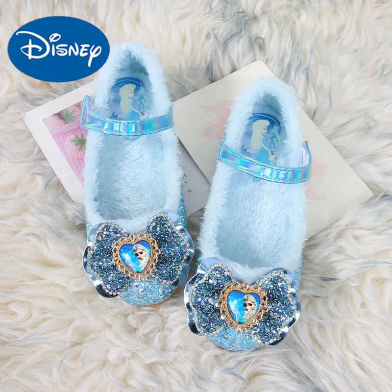 Disney Princess Girls Shoes Frozen Elsa Shoes Performance Party Warm Winter Flats Bow Sequin Pink Blue White Shoes Size 2336 H251101
