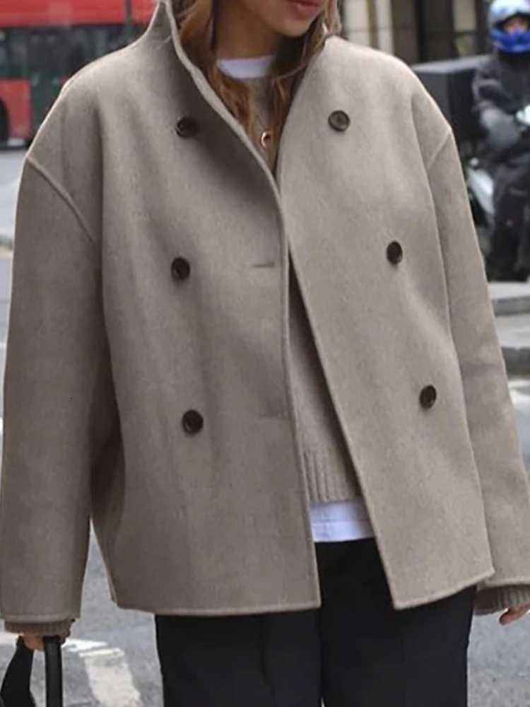 Brown French Style Vneck Doublebreasted Woolen Jacket European American New Autumn Winter Suit Womens Clothing Winter CoatT251101